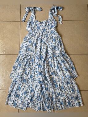 NWT August Sky Floral Tiered Midi Dress Blue White Mock Tie Strap Small Boho